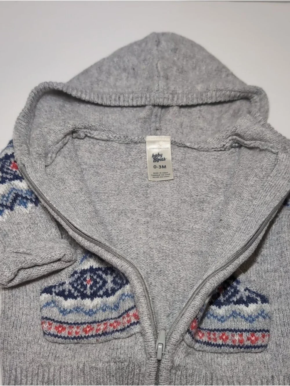 Baby Bgosh Gray Fair Isle Knit Hooded Cardigan Sweater Boys Size 0-3M Unisex